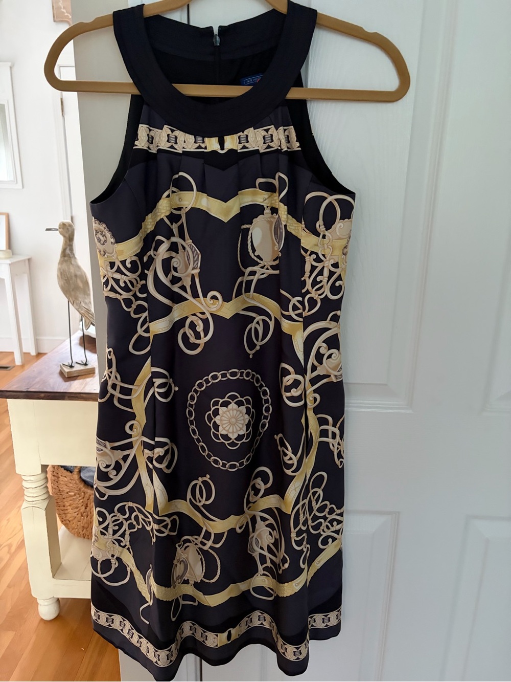Black and Gold Baroque-Print Midi Dress